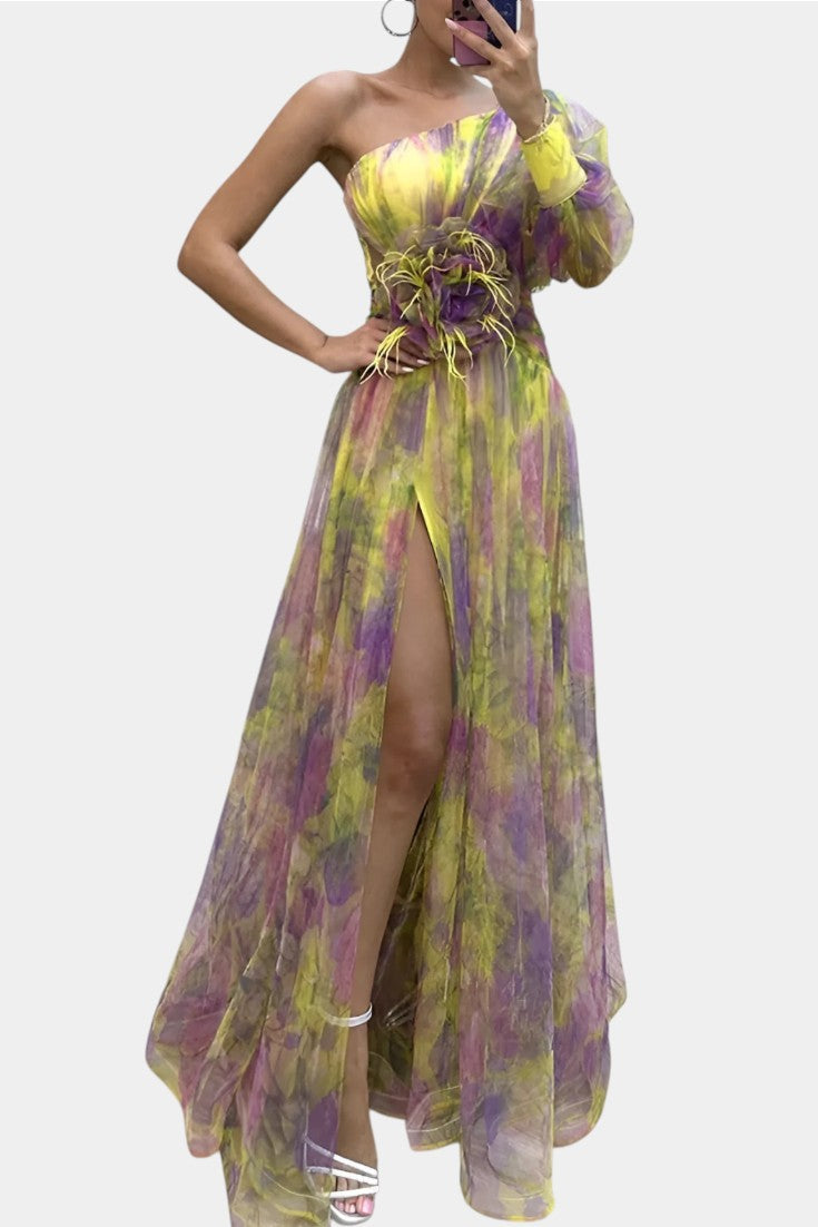 Amelie | Vestido Maxi Asimétrico de Un Hombro con Estampado Artístico