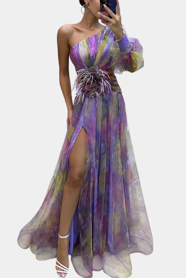 Amelie | Vestido Maxi Asimétrico de Un Hombro con Estampado Artístico