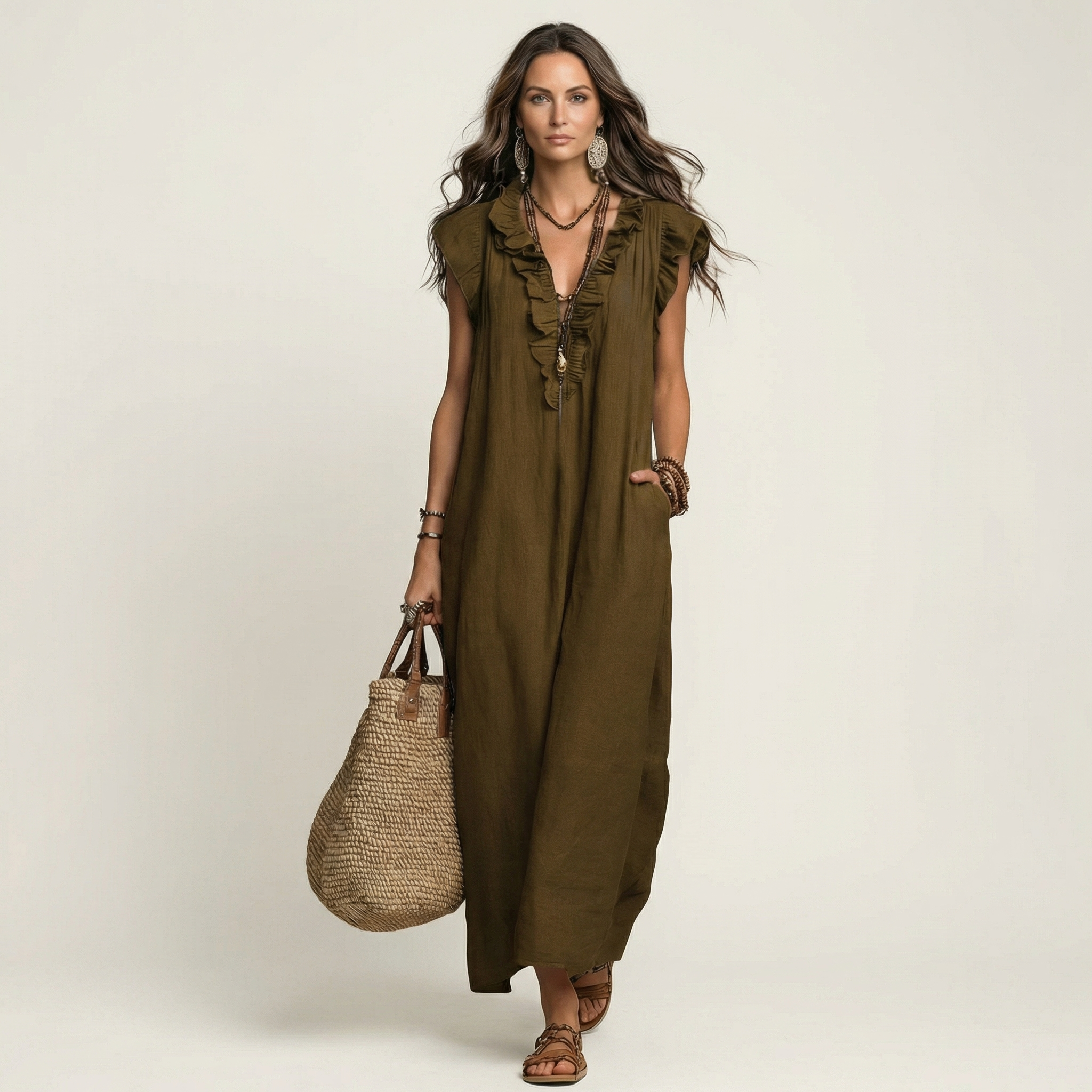 Josette | Vestido Maxi con Escote en V y Volantes