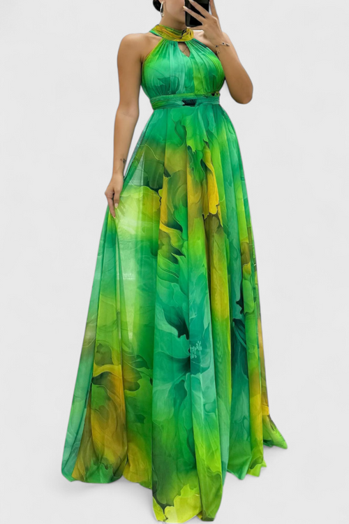 Caprice | Vestido Maxi de Gasa con Estampado Floral y Cuello Halter